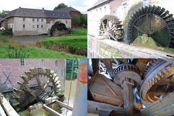 Foto's van watermolens en een foto van een tandradoverbrenging in een watermolen